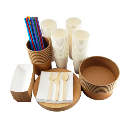1 Stück Bio Party Set XL, Pappteller, Soup to go, Snackschalen, Holzbesteck, Becher, Trinkhalme, Salatschale, Servietten 1 Stück Bio Party Set XL, Pappteller, Soup to go, Snackschalen, Holzbesteck, Becher, Trinkhalme, Salatschale, Servietten