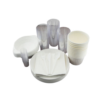 1 Stück Party Set L, Pappteller, Suppenschüssel, Mehrweg-Besteck, Becher, Servietten, Soups, Schnapsgläser 1 Stück Party Set L, Pappteller, Suppenschüssel, Mehrweg-Besteck, Becher, Servietten, Soups, Schnapsgläser