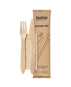 1 Stück Bio Holzbesteck Set, Messer/Gabel 18cm mit Serviette 1 Stück Bio Holzbesteck Set, Messer/Gabel 18cm mit Serviette