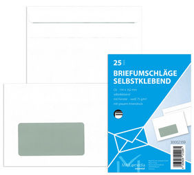 25 Stück MAILmedia Briefumschläge C6, mit Fenster, selbstklebend, 72 g/qm, weiß 25 Stück MAILmedia Briefumschläge C6, mit Fenster, selbstklebend, 72 g/qm, weiß