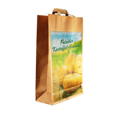 250 Stück Papiertragetaschen 22+10x31cm, 90gr. braun mit Kartoffel Druck, 2,5 KG