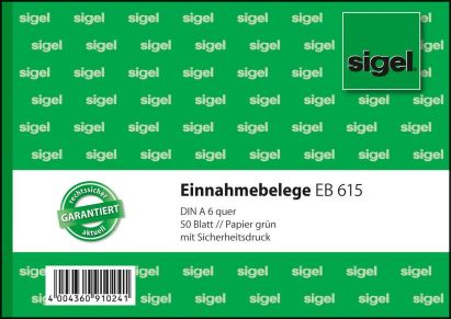 1 Stück Sigel Formularbuch EB 615 Einnahmebeleg, A6 quer, 50 Blatt