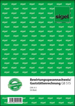 1 Stück Sigel Formularbuch GB 515 Bewirtungsspesennachweis, A5, 50 Blatt