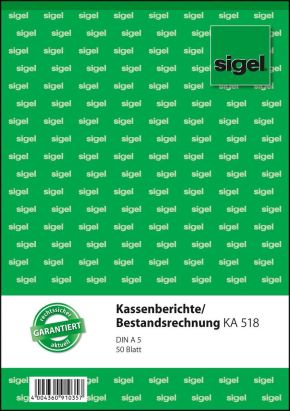 1 Stück Sigel Formularbuch KA 518 Kassenbericht/Bestandsrechnung, A5 1 Stück Sigel Formularbuch KA 518 Kassenbericht/Bestandsrechnung, A5