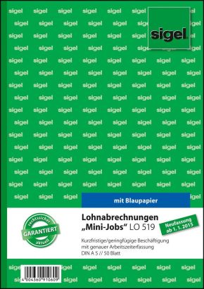 1 Stück Sigel Formularbuch LO 519 Lohnabrechnung für Mini-Jobs, A5 1 Stück Sigel Formularbuch LO 519 Lohnabrechnung für Mini-Jobs, A5