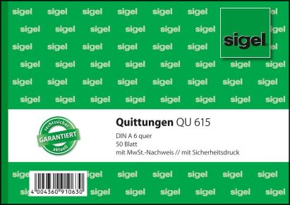 1 Stück Sigel Formularbuch QU 615 Quittung, mit MwSt.-Nachweis, A6 quer