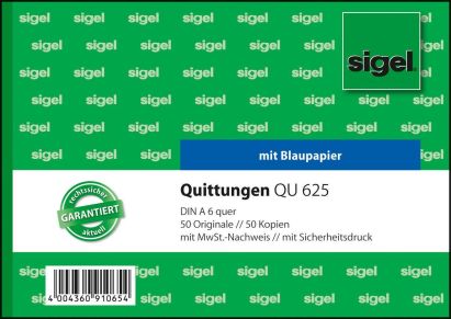 1 Stück Sigel Formularbuch QU 625 Quittung, mit MwSt.-Nachweis, A6 quer