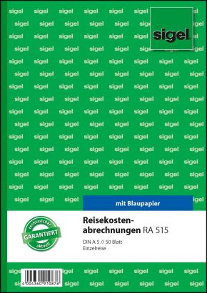 1 Stück Sigel Formularbuch RA 515 Reisekostenabrechnung, A5, 50 Blatt 1 Stück Sigel Formularbuch RA 515 Reisekostenabrechnung, A5, 50 Blatt