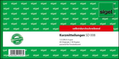 1 Stück Sigel Formularbuch SD 008 Kurzmitteilung, 1/3 A4 quer, SD 1 Stück Sigel Formularbuch SD 008 Kurzmitteilung, 1/3 A4 quer, SD