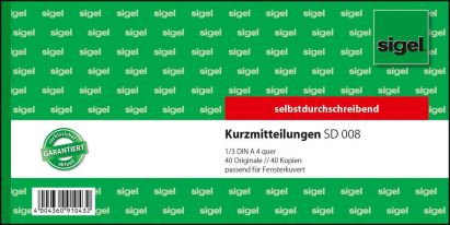 1 Stück Sigel Formularbuch SD 008 Kurzmitteilung, 1/3 A4 quer, SD