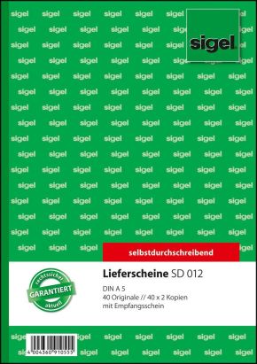 1 Stück Sigel Formularbuch SD 012 Lieferschein mit Empfangsschein, A5, SD 1 Stück Sigel Formularbuch SD 012 Lieferschein mit Empfangsschein, A5, SD