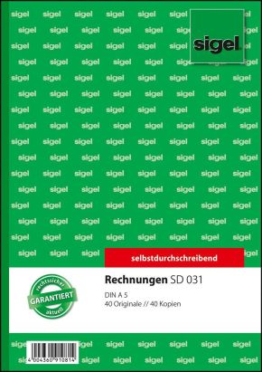 1 Stück Sigel Formularbuch SD 031 Rechnung, A5, 2 x 40 Blatt, SD 1 Stück Sigel Formularbuch SD 031 Rechnung, A5, 2 x 40 Blatt, SD