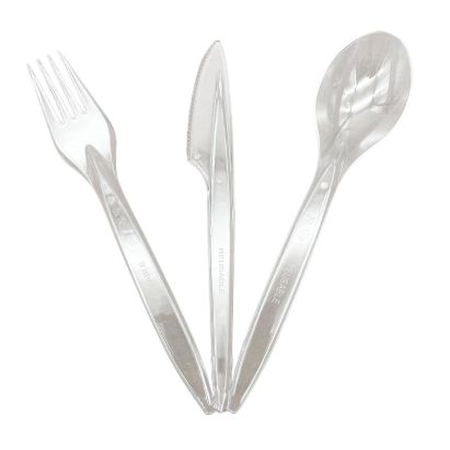 300 Stück Premium Mehrweg-Besteckset 18cm, transparent (1xGabel, 1xMesser + 1xLöffel) 300 Stück Premium Mehrweg-Besteckset 18cm, transparent (1xGabel, 1xMesser + 1xLöffel)