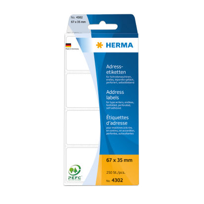 250 Stück HERMA Adress-Etiketten, 67 x 35 mm, Leporello gefalzt, weiß (4302)