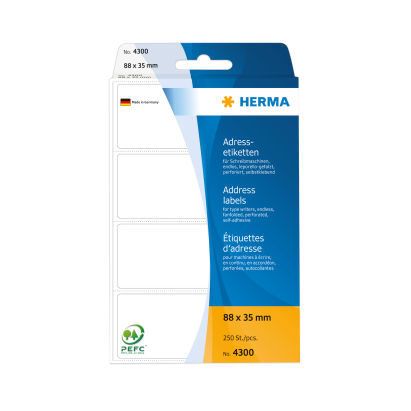 250 Stück HERMA Adress-Etiketten, 88 x 35 mm, Leporello gefalzt, weiß (4300) 250 Stück HERMA Adress-Etiketten, 88 x 35 mm, Leporello gefalzt, weiß (4300)