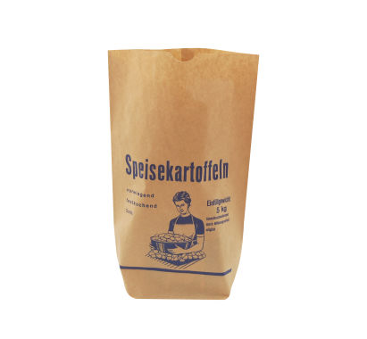 500 Stück Kartoffel- Bodenbeutel, Natronbeutel 5 Kg, 80g/qm, 28x45cm, 1-lagig, nassfest, braun Kraft, Frau mit Korb Druck