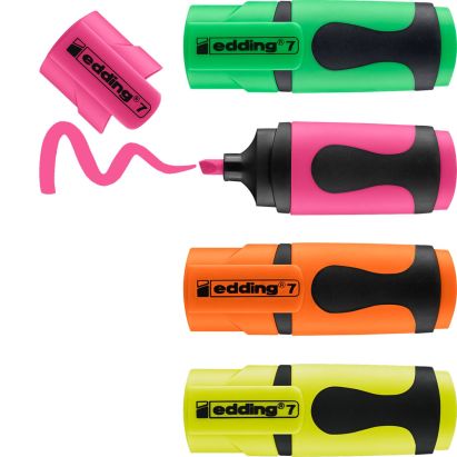 4 Stück edding 7 Mini Textmarker 4er-Set (gelb, orange, pink + grün) 4 Stück edding 7 Mini Textmarker 4er-Set (gelb, orange, pink + grün)
