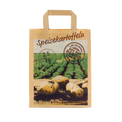 250 Stück Papiertragetaschen, 220+100x280mm, 90g, Kartoffel Druck, 2,5 KG