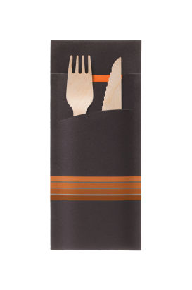 520 Stück Bestecktasche mit Serviette 200x85mm, schwarz mit orangenen Streifen 520 Stück Bestecktasche mit Serviette 200x85mm, schwarz mit orangenen Streifen