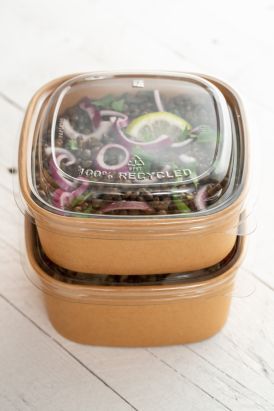 50 Stück Bio Kraft- Bowl Salatschale 1200ml, 170x170x65mm, eckig, braun, mit rPET Deckel
