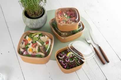 50 Stück Bio Kraft- Bowl Salatschale 1200ml, 170x170x65mm, eckig, braun, mit rPET Deckel